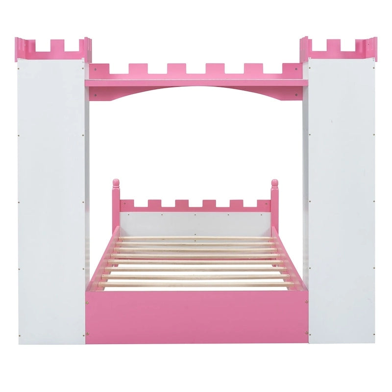 Twin Size Castle-Shaped Wooden Platform Bed with Storage Shelf for Kids Bedroom