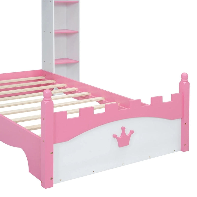 Twin Size Castle-Shaped Wooden Platform Bed with Storage Shelf for Kids Bedroom