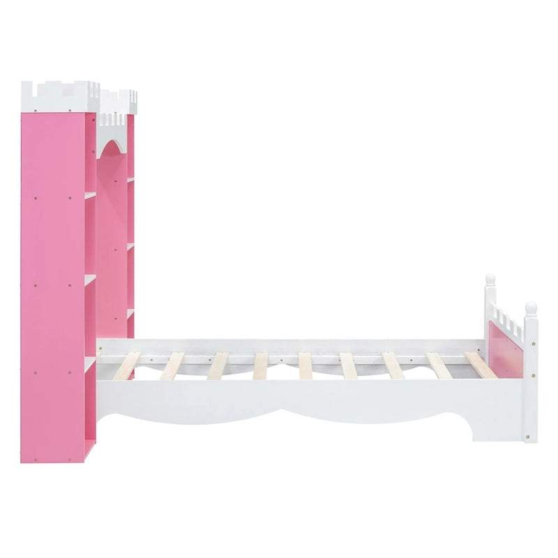Twin Size Castle-Shaped Wooden Platform Bed with Storage Shelf for Kids Bedroom