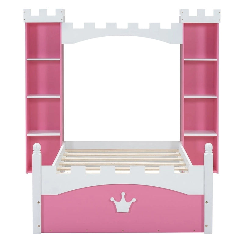 Twin Size Castle-Shaped Wooden Platform Bed with Storage Shelf for Kids Bedroom