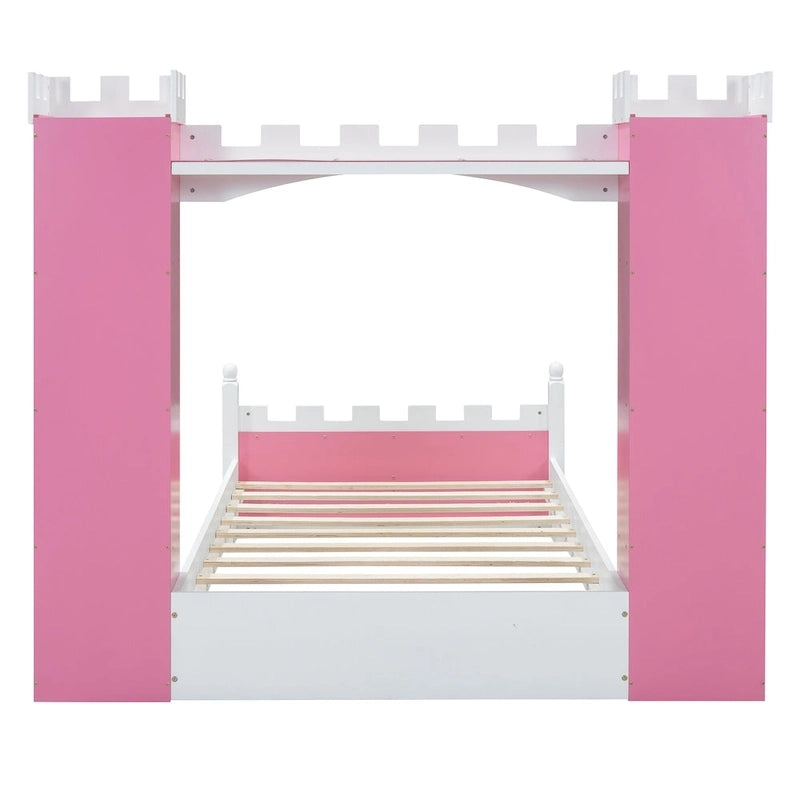 Twin Size Castle-Shaped Wooden Platform Bed with Storage Shelf for Kids Bedroom