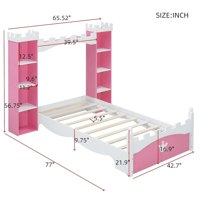 Twin Size Castle-Shaped Wooden Platform Bed with Storage Shelf for Kids Bedroom