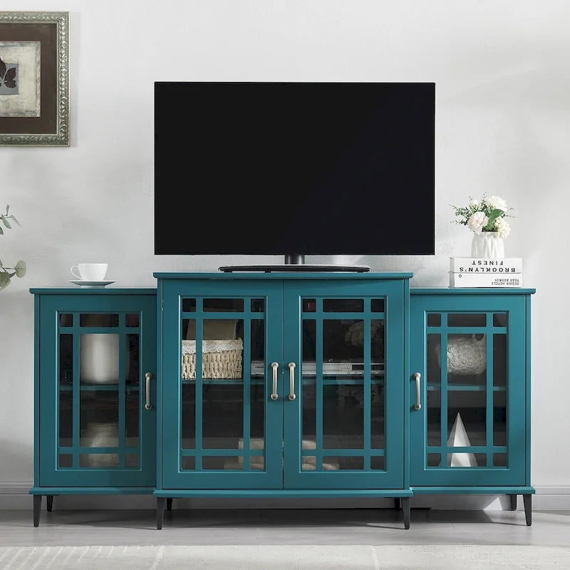 Teal Blue 62" Storage Buffet Cabinet with Tempered Glass Doors and Adjustable Shelves