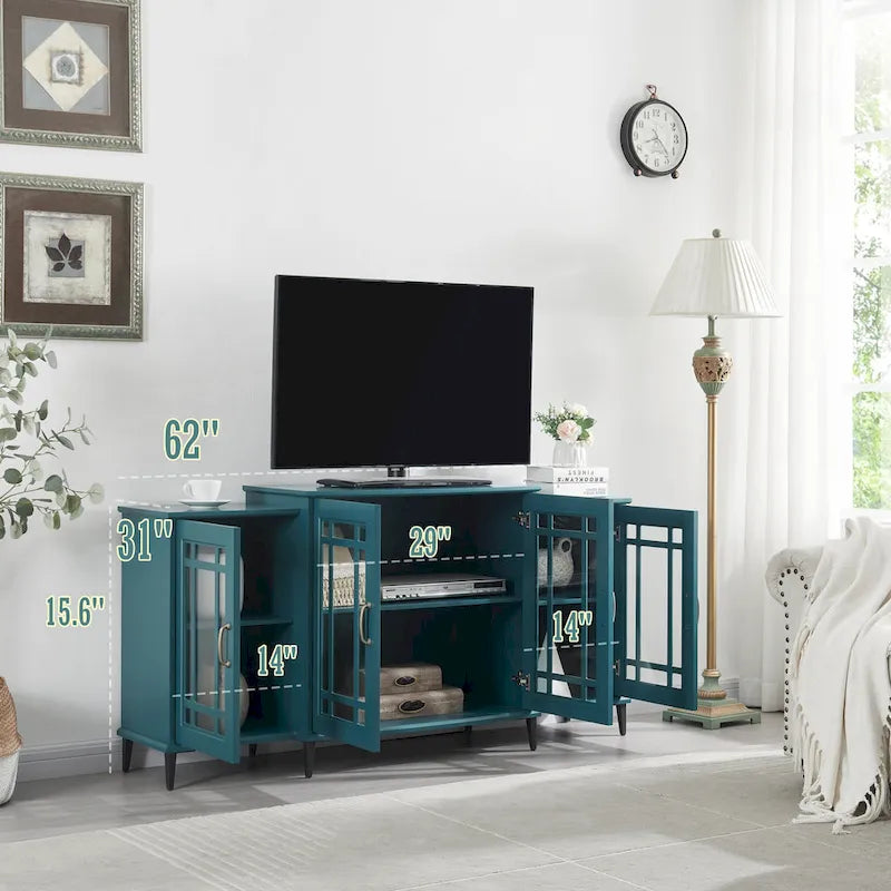 Teal Blue 62" Storage Buffet Cabinet with Tempered Glass Doors and Adjustable Shelves