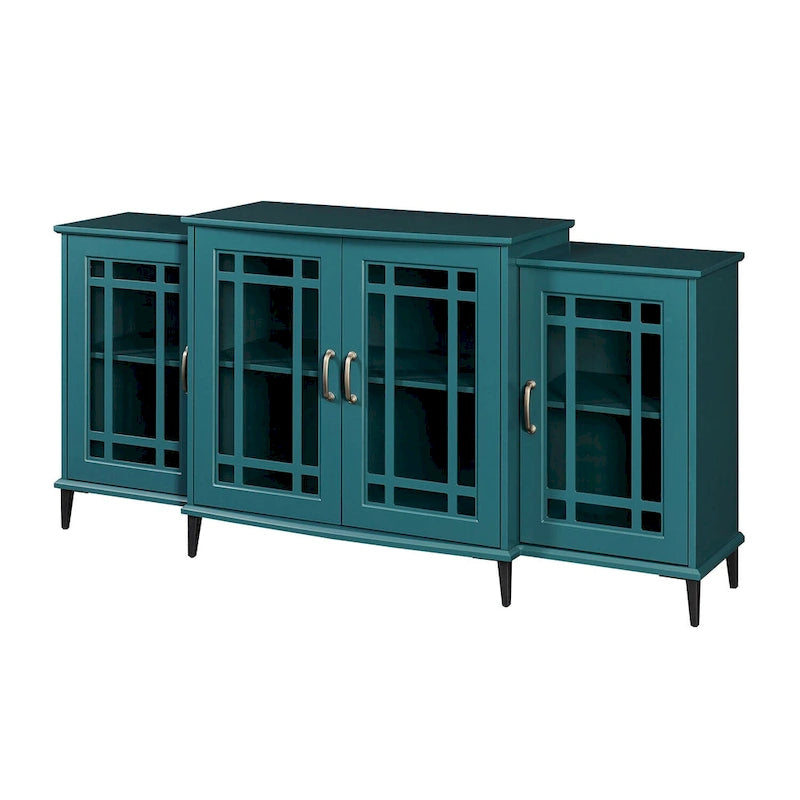 Teal Blue 62" Storage Buffet Cabinet with Tempered Glass Doors and Adjustable Shelves