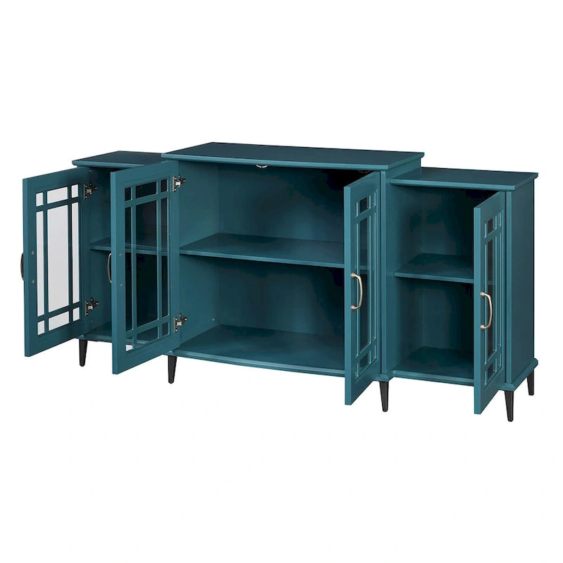 Teal Blue 62" Storage Buffet Cabinet with Tempered Glass Doors and Adjustable Shelves