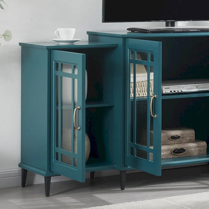Teal Blue 62" Storage Buffet Cabinet with Tempered Glass Doors and Adjustable Shelves