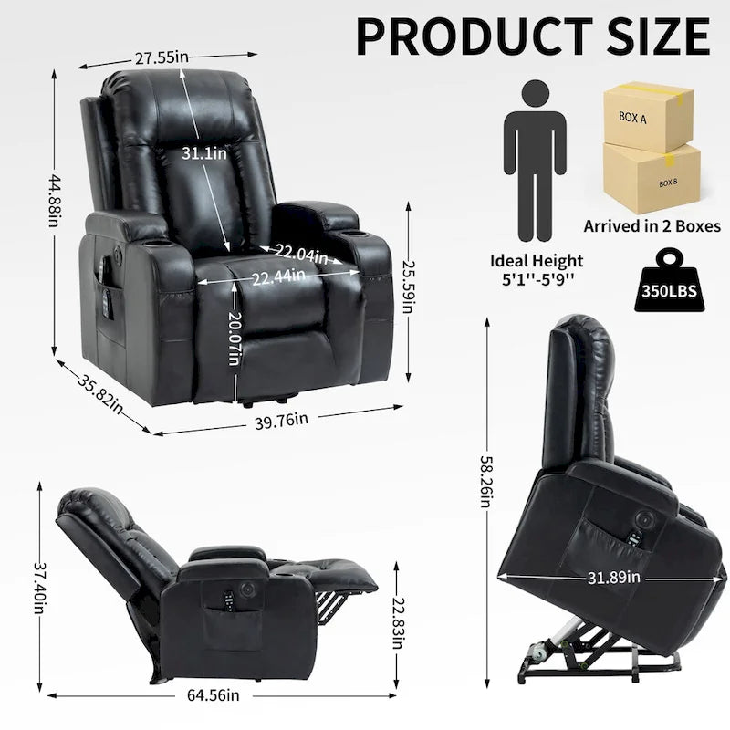 Elderly-Friendly Power Lift Recliner with Vibration Massage, Lumbar Heating, USB Port & Cup Holders