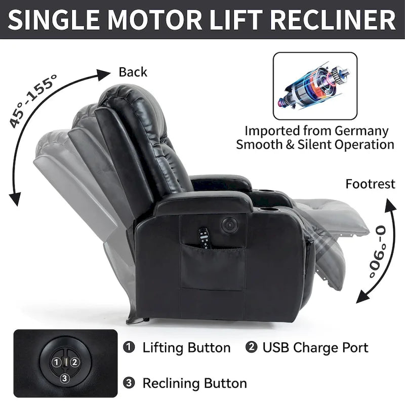 Elderly-Friendly Power Lift Recliner with Vibration Massage, Lumbar Heating, USB Port & Cup Holders