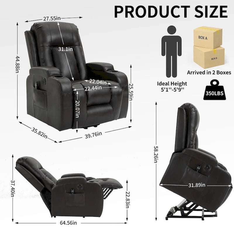 Elderly-Friendly Power Lift Recliner with Vibration Massage, Lumbar Heating, USB Port & Cup Holders