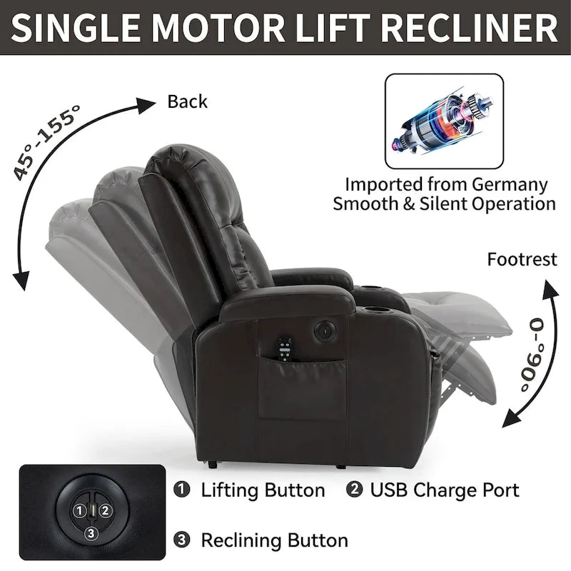 Elderly-Friendly Power Lift Recliner with Vibration Massage, Lumbar Heating, USB Port & Cup Holders