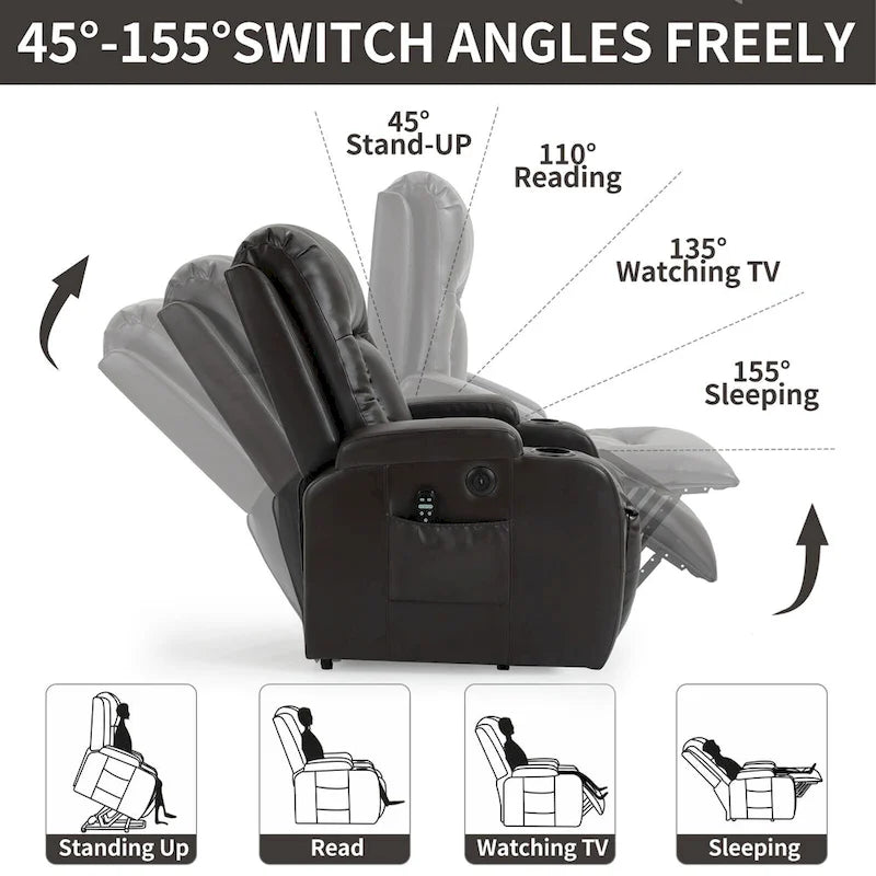 Elderly-Friendly Power Lift Recliner with Vibration Massage, Lumbar Heating, USB Port & Cup Holders
