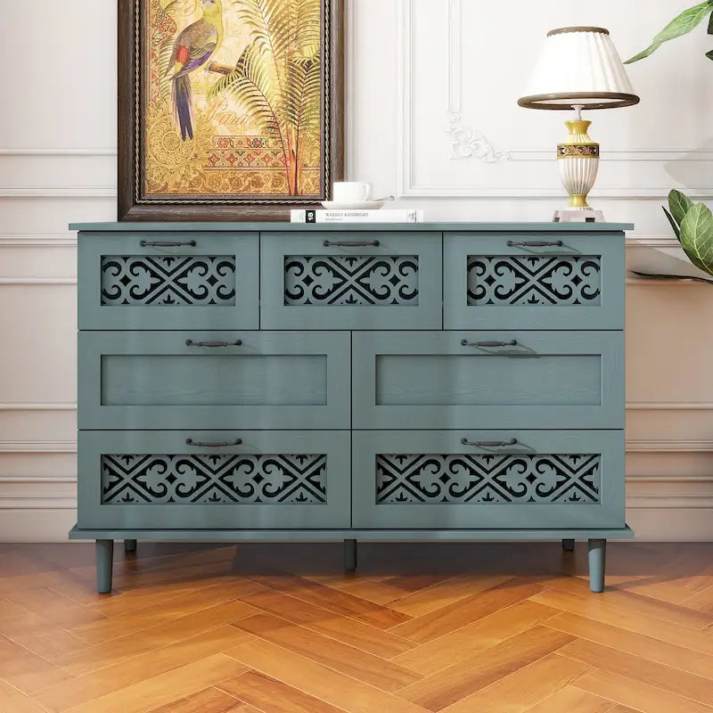 Retro Style 7-Drawer Horizontal Dresser with Carved Panel and Metal Handle