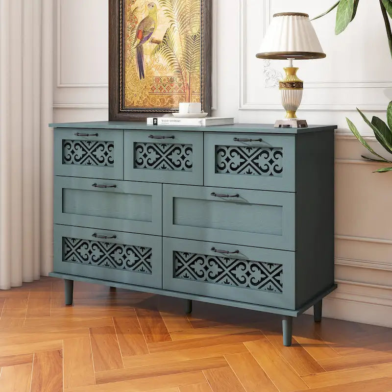 Retro Style 7-Drawer Horizontal Dresser with Carved Panel and Metal Handle