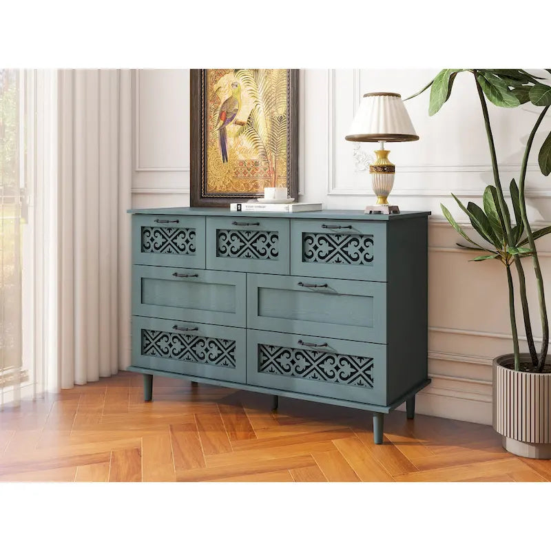Retro Style 7-Drawer Horizontal Dresser with Carved Panel and Metal Handle