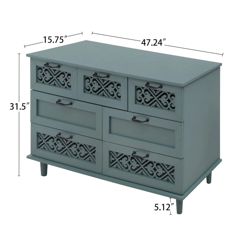 Retro Style 7-Drawer Horizontal Dresser with Carved Panel and Metal Handle