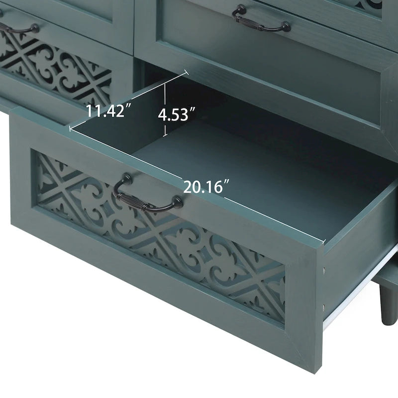 Retro Style 7-Drawer Horizontal Dresser with Carved Panel and Metal Handle