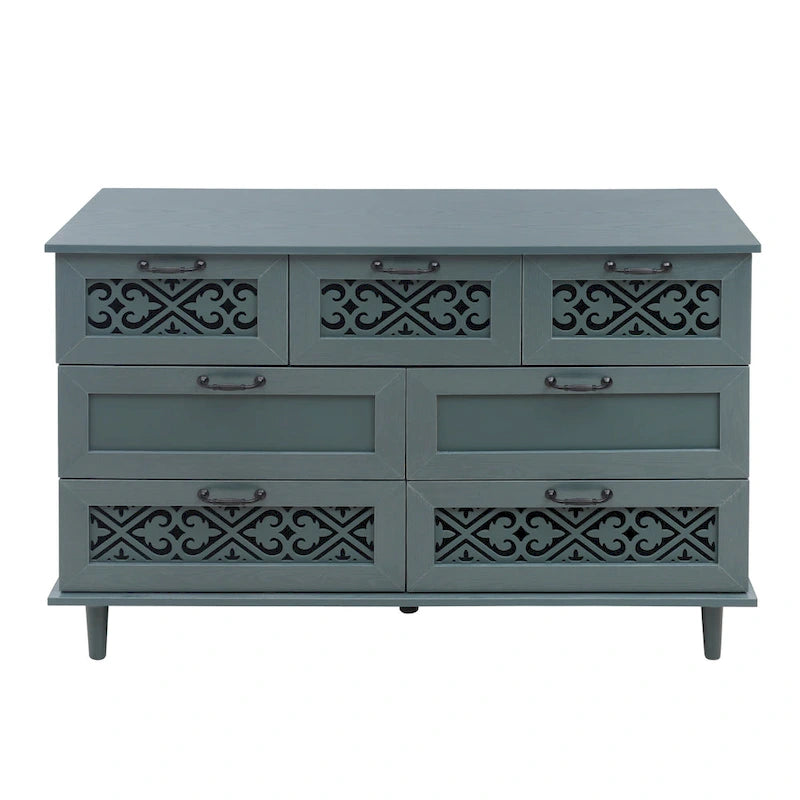Retro Style 7-Drawer Horizontal Dresser with Carved Panel and Metal Handle