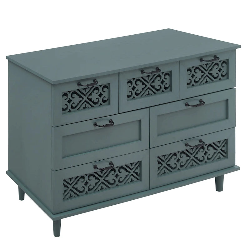 Retro Style 7-Drawer Horizontal Dresser with Carved Panel and Metal Handle