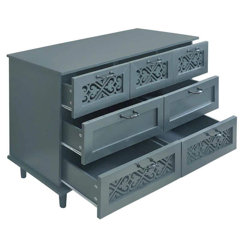 Retro Style 7-Drawer Horizontal Dresser with Carved Panel and Metal Handle