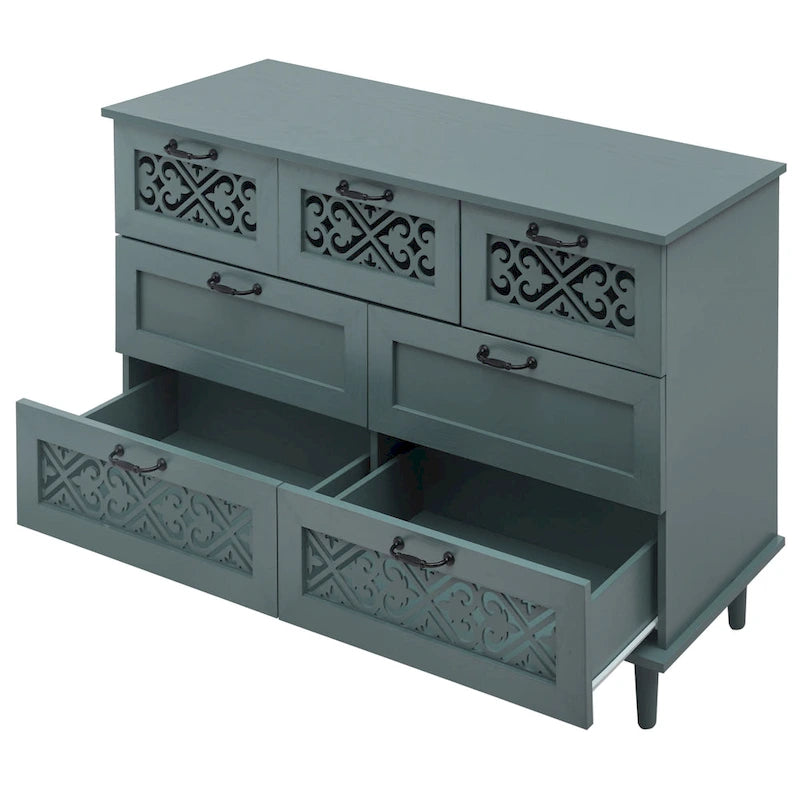 Retro Style 7-Drawer Horizontal Dresser with Carved Panel and Metal Handle