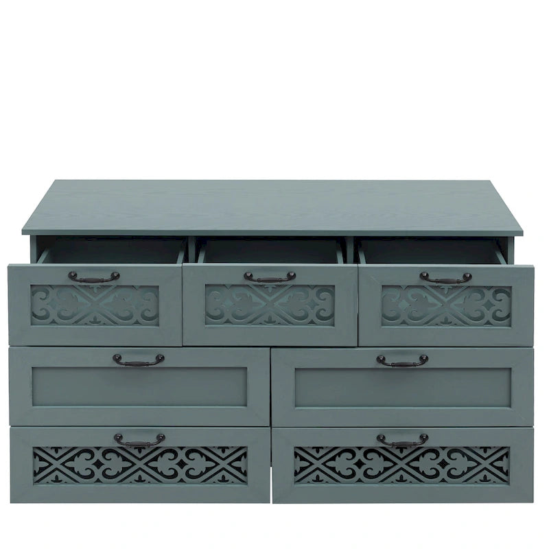 Retro Style 7-Drawer Horizontal Dresser with Carved Panel and Metal Handle