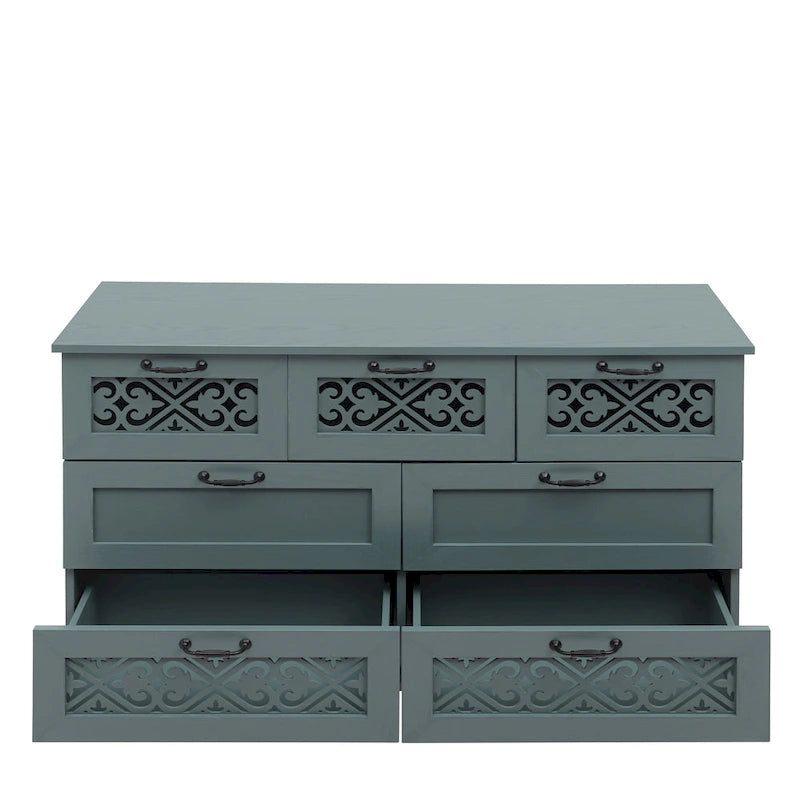 Retro Style 7-Drawer Horizontal Dresser with Carved Panel and Metal Handle