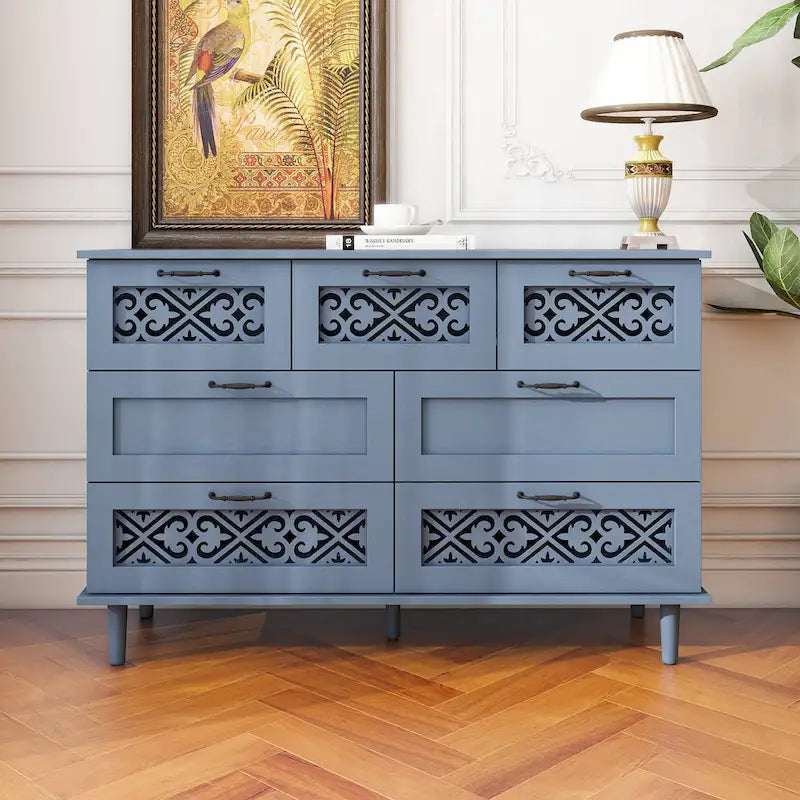 Retro Style 7-Drawer Horizontal Dresser with Carved Panel and Metal Handle