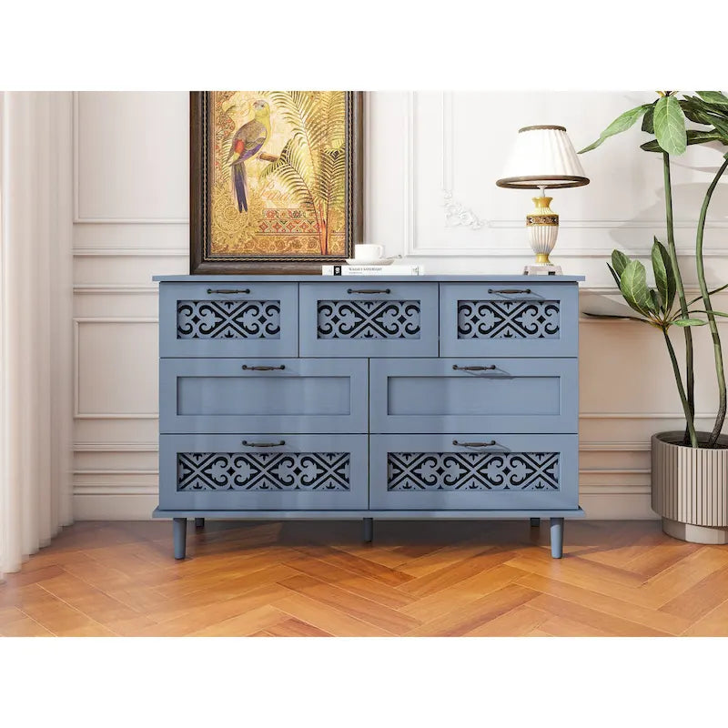 Retro Style 7-Drawer Horizontal Dresser with Carved Panel and Metal Handle