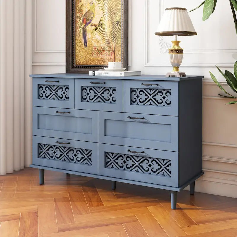 Retro Style 7-Drawer Horizontal Dresser with Carved Panel and Metal Handle