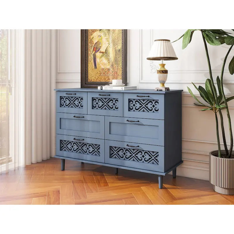 Retro Style 7-Drawer Horizontal Dresser with Carved Panel and Metal Handle