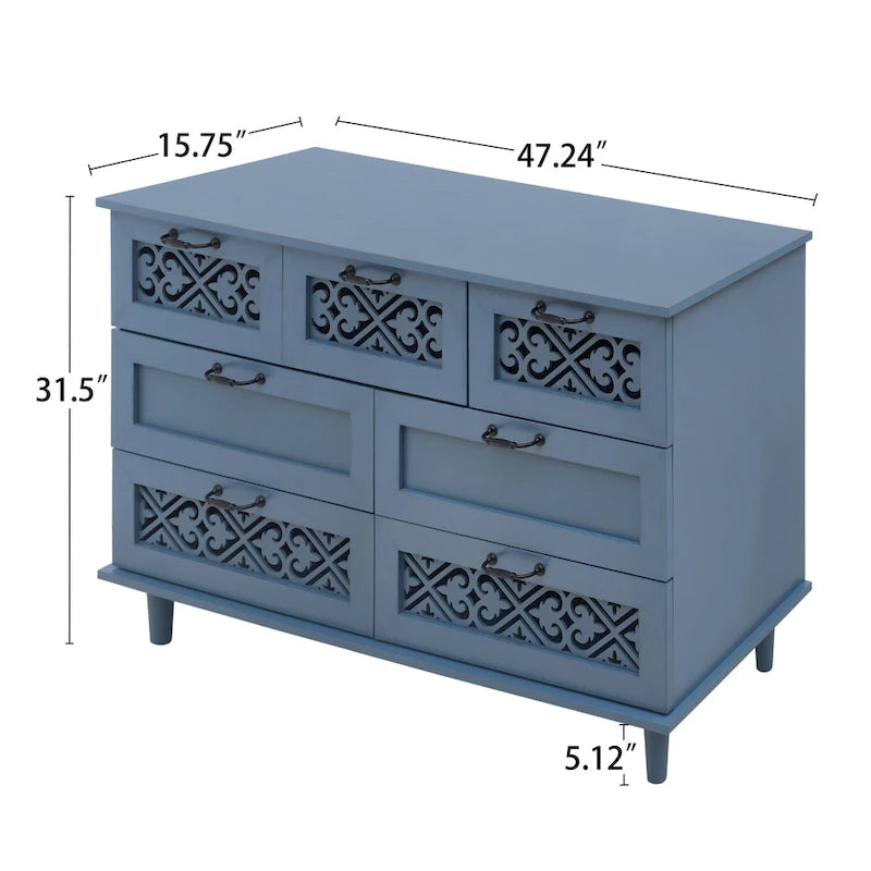 Retro Style 7-Drawer Horizontal Dresser with Carved Panel and Metal Handle
