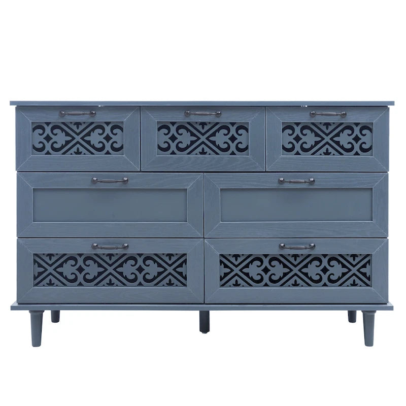 Retro Style 7-Drawer Horizontal Dresser with Carved Panel and Metal Handle
