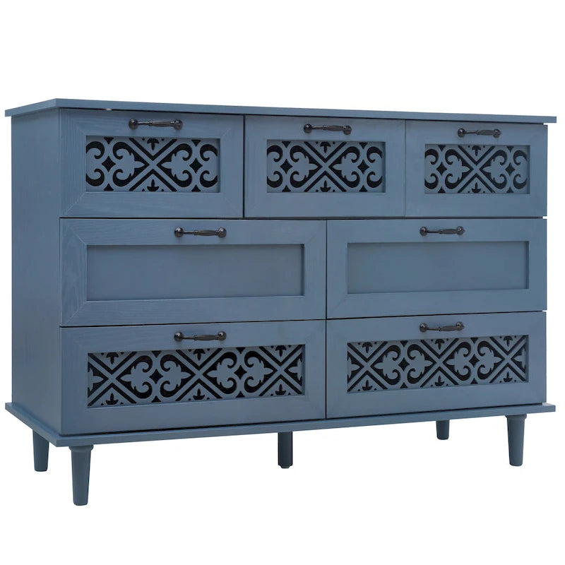 Retro Style 7-Drawer Horizontal Dresser with Carved Panel and Metal Handle