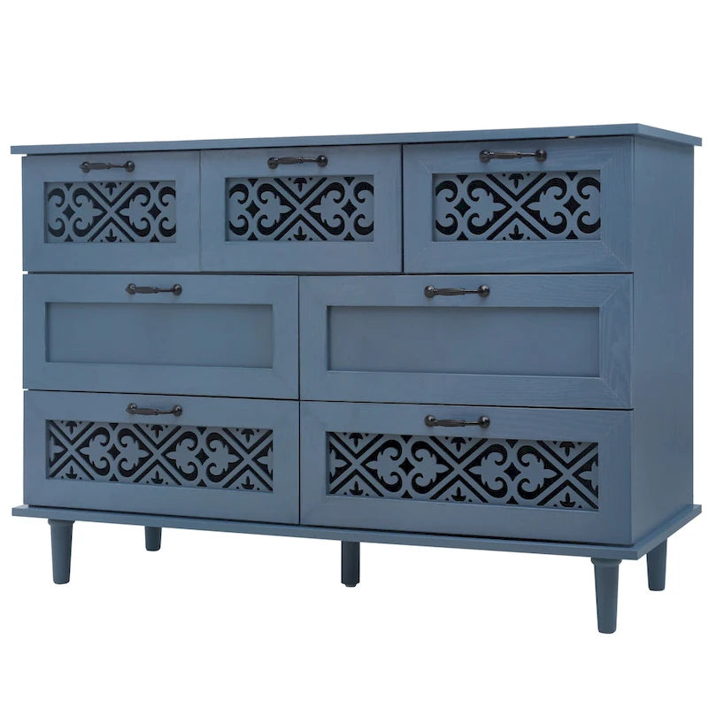 Retro Style 7-Drawer Horizontal Dresser with Carved Panel and Metal Handle