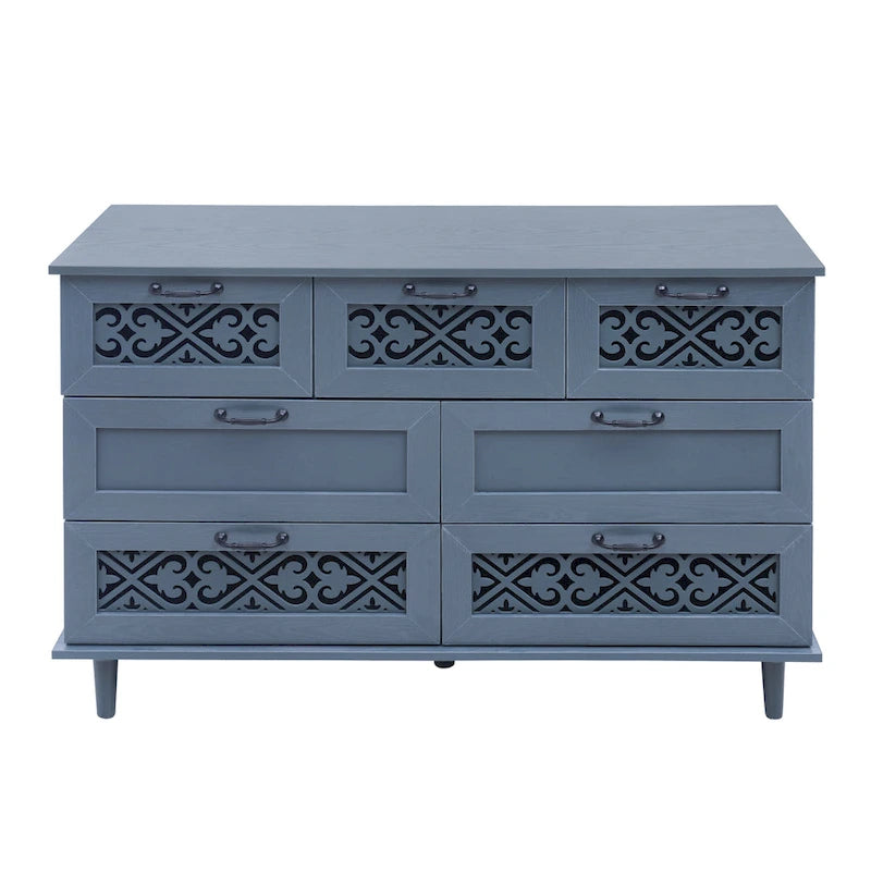 Retro Style 7-Drawer Horizontal Dresser with Carved Panel and Metal Handle