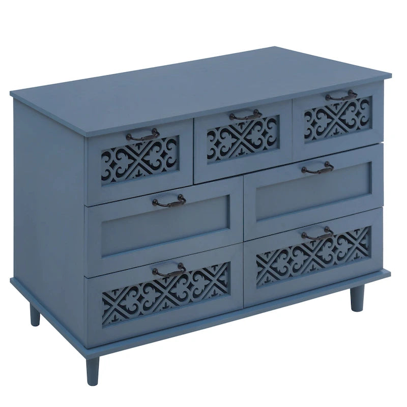 Retro Style 7-Drawer Horizontal Dresser with Carved Panel and Metal Handle