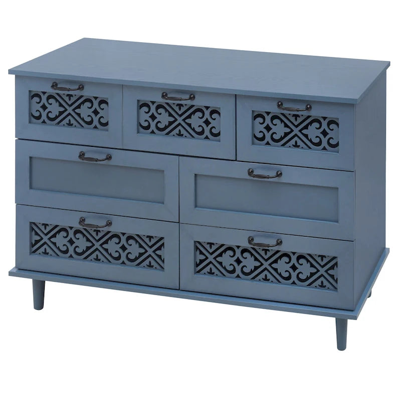 Retro Style 7-Drawer Horizontal Dresser with Carved Panel and Metal Handle