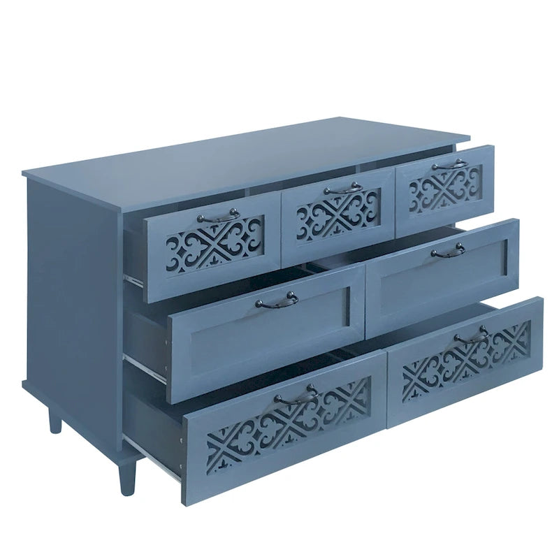 Retro Style 7-Drawer Horizontal Dresser with Carved Panel and Metal Handle