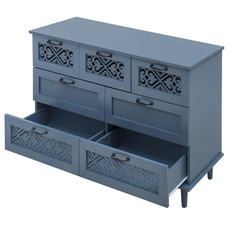 Retro Style 7-Drawer Horizontal Dresser with Carved Panel and Metal Handle