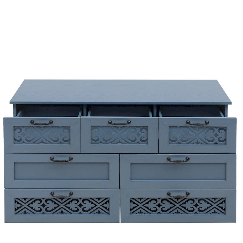 Retro Style 7-Drawer Horizontal Dresser with Carved Panel and Metal Handle