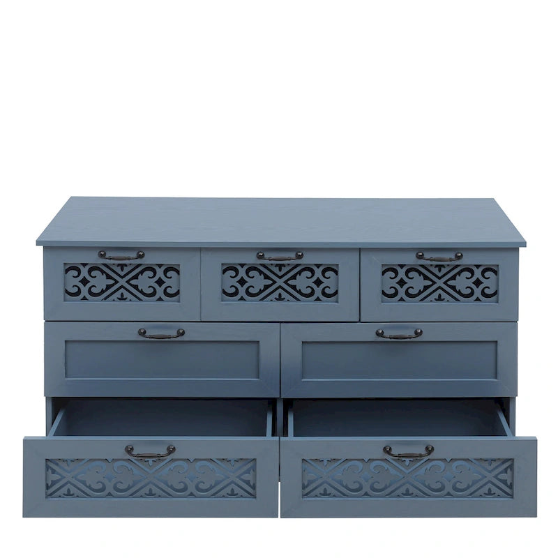 Retro Style 7-Drawer Horizontal Dresser with Carved Panel and Metal Handle