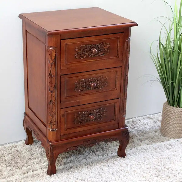 Hand-Carved Wood End Table with Walnut Finish