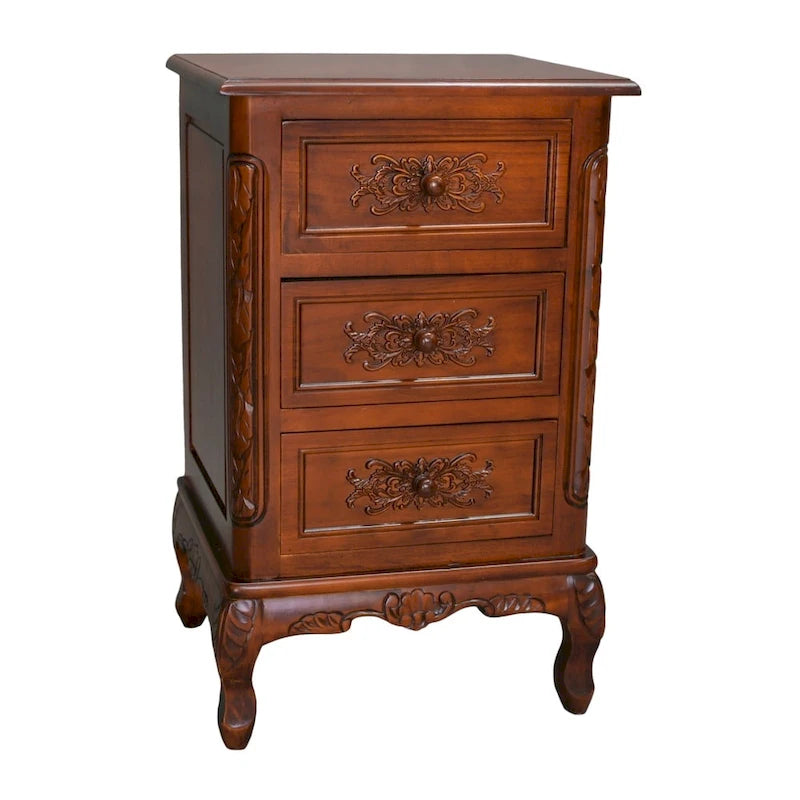 Hand-Carved Wood End Table with Walnut Finish