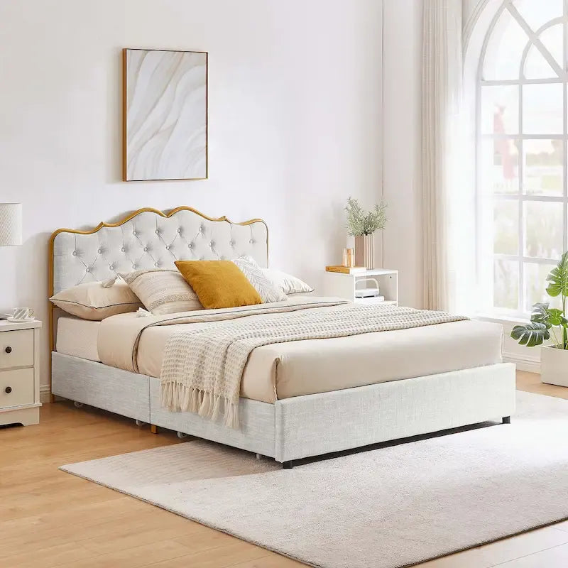 Elegant Platform Bed,Buckle Shaped Backrest,With Four Storage Drawer