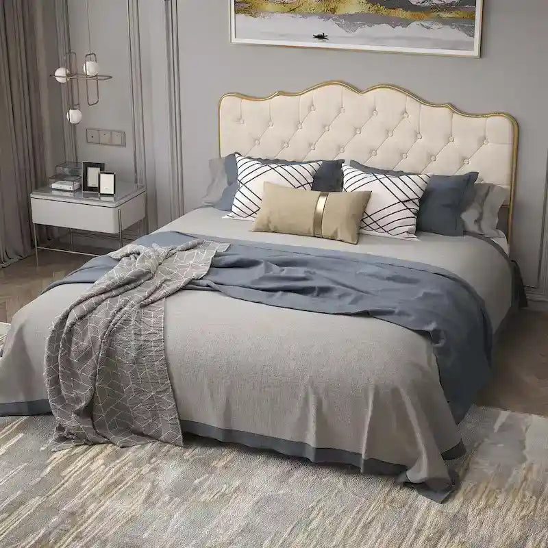 Platform Bed with Buckle Shaped Backrest and Four Storage Drawers