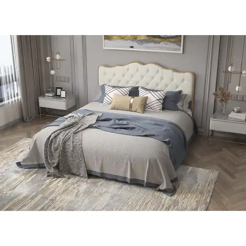 Platform Bed with Buckle Shaped Backrest and Four Storage Drawers
