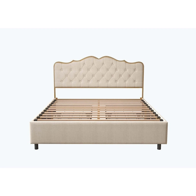 Platform Bed with Buckle Shaped Backrest and Four Storage Drawers
