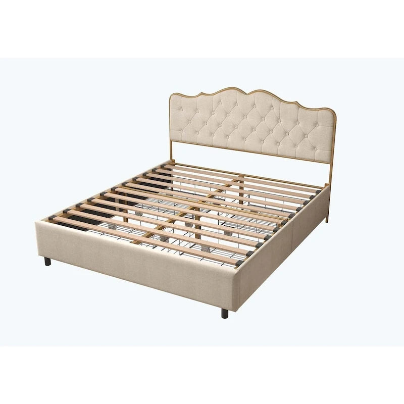 Platform Bed with Buckle Shaped Backrest and Four Storage Drawers