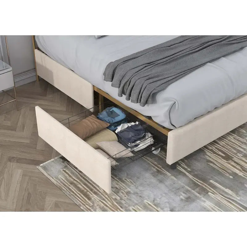 Platform Bed with Buckle Shaped Backrest and Four Storage Drawers